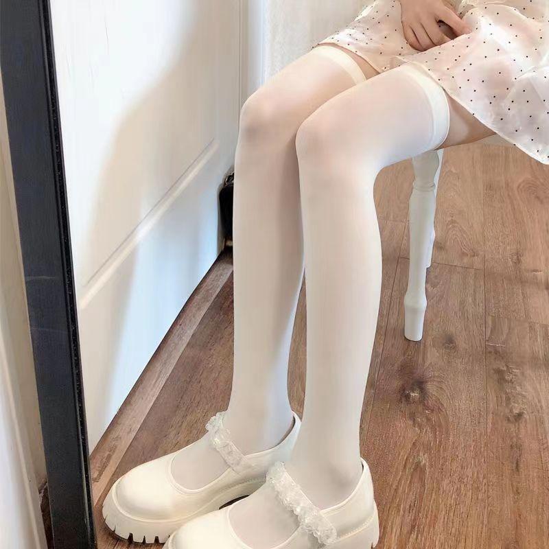 Vớ Qua Đầu Gối, Màu Trắng, Dành Cho Mùa Xuân Và Mùa Hè, Vớ Nhung Mỏng Dành Cho Nữ, Phong Cách Nhật Bản, Vớ Trắng Lụa Dài, Vớ Cao Đến Đùi JK Màu Đen Cao Women 3