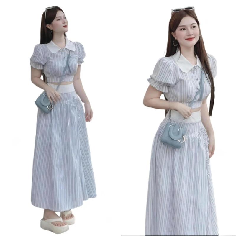 T3040 Set Đầm Nữ Thiết Kế EMME 2 Món Gồm Áo Sơ Mi Tay Ngăn Bồng Cúc Trái Tim Cổ Sen Dáng Lửng Phối Chân Váy Dây Rút Dáng Dài Cách Điệu Top - Thanh Tự Nhung Women Top Xanh