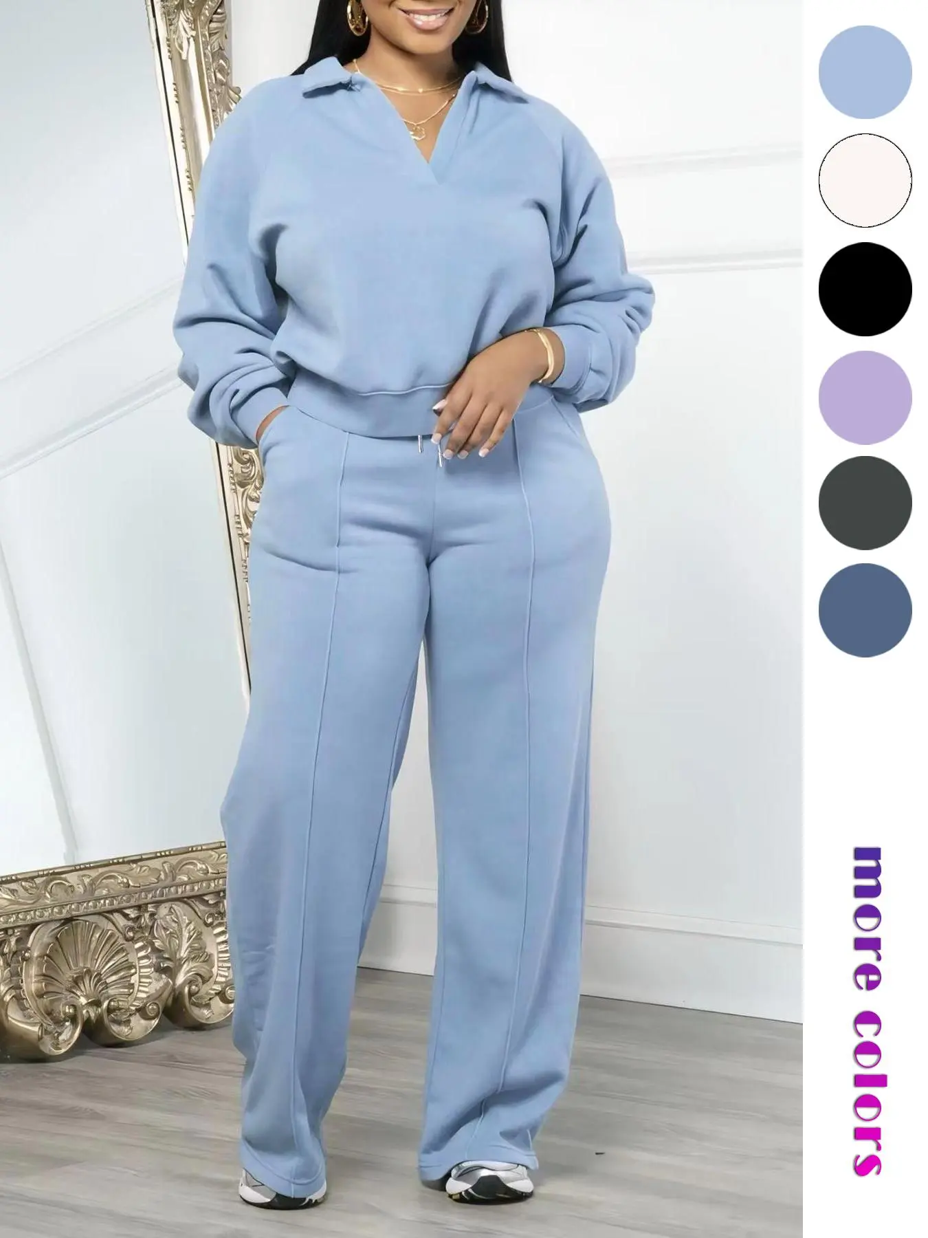 Women's Solid Long Sleeve Sweatshirt & Drawstring Waist Pants Set, Casual Fashion Cozy Two-piece Outfits for Daily Outdoor Wear, Women Clothes for All Seasons Womenswear Suits Gamis Comfort Trouser Basic Blue Minimalist