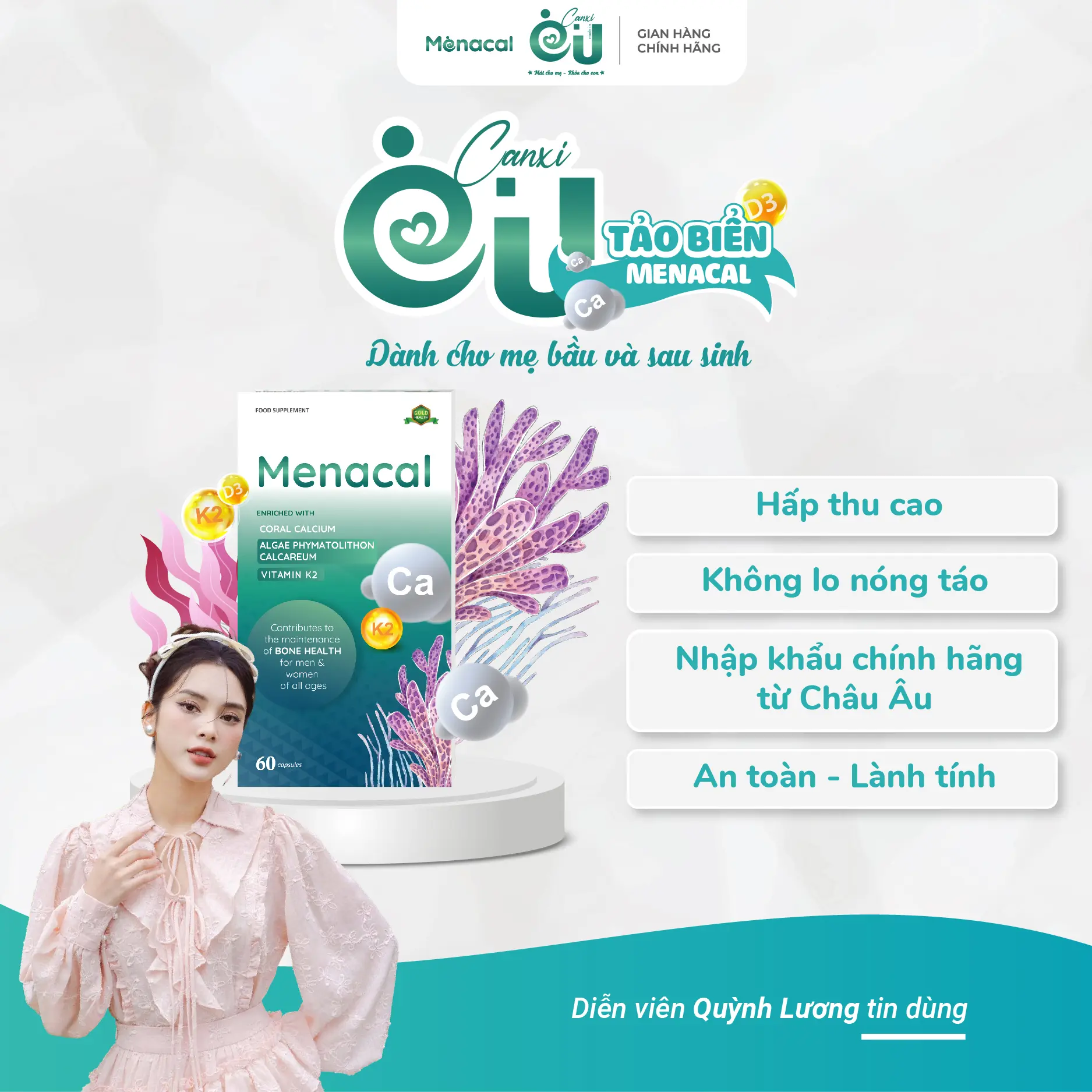 Canxi EU tảo biển Menacal - bổ sung canxi D3K2 cho người lớn 1 hộp 60 viên