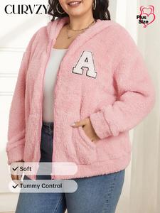 CURVZY Plus Size Letter Patched Zip Up Plush Hooded Jacket, Casual Drop Shoulder Long Sleeve Pocket Outerwear for Fall & Winter, Women's Clothes for Daily Wear