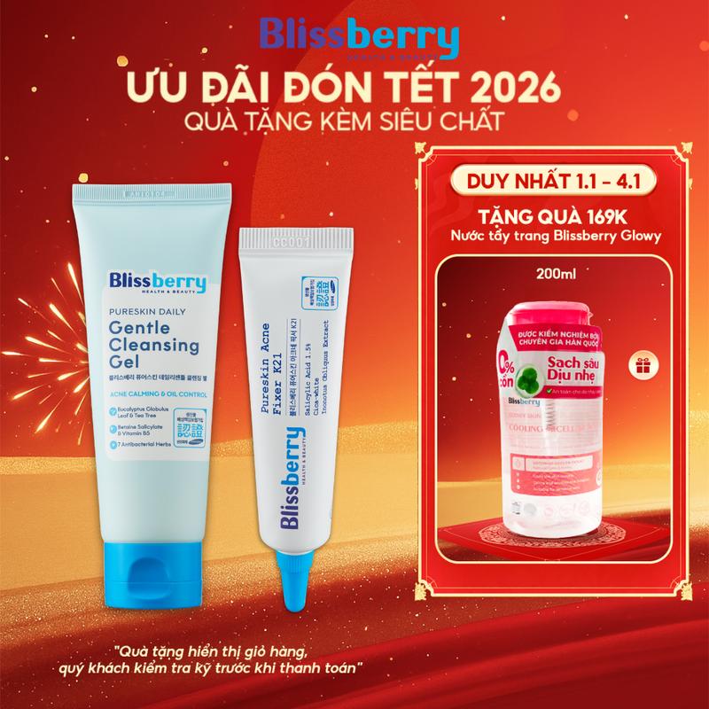  Combo Gel hỗ trợ Giảm Mụn Mờ Thâm Blissberry Pureskin Acne Fixer 15ml và Sữa rửa mặt BHA Blissberry 100ml 