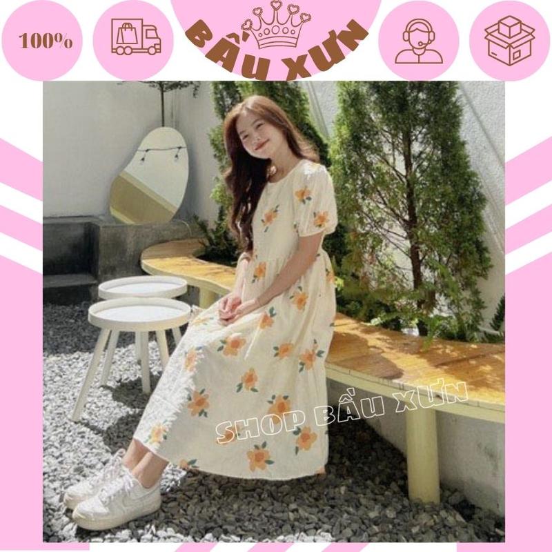 [BẦU XƯN M68] VÁY BẦU BABYDOLL HOA CAM XINH XẮN- ĐẦM BẦU RẺ ĐẸP THIẾT KẾ TRẺ TRUNG CHO MẸ BẦU