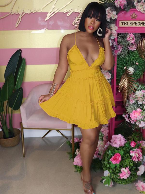 Women's Criss Cross Frill Trim Ruffle Hem Cami Dress, Dress in Club, Dresses for Women, Summer Dresses, Casual Backless Short Dress for Summer, Ladies Dresses Summer for Beach, Women's Summer Clothes, Womenswear, Lady Sundresses 7