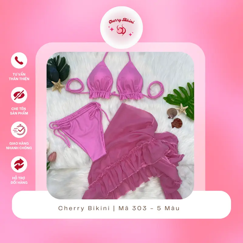 Cherry Bikini M303 - Set Đồ Bơi 3 Món (Áo, Quần, Khăn Choàng) - Mẫu Bèo Nhún, Xếp Ly Bikini Sang Đẹp Cho Nữ (5 Màu) 0