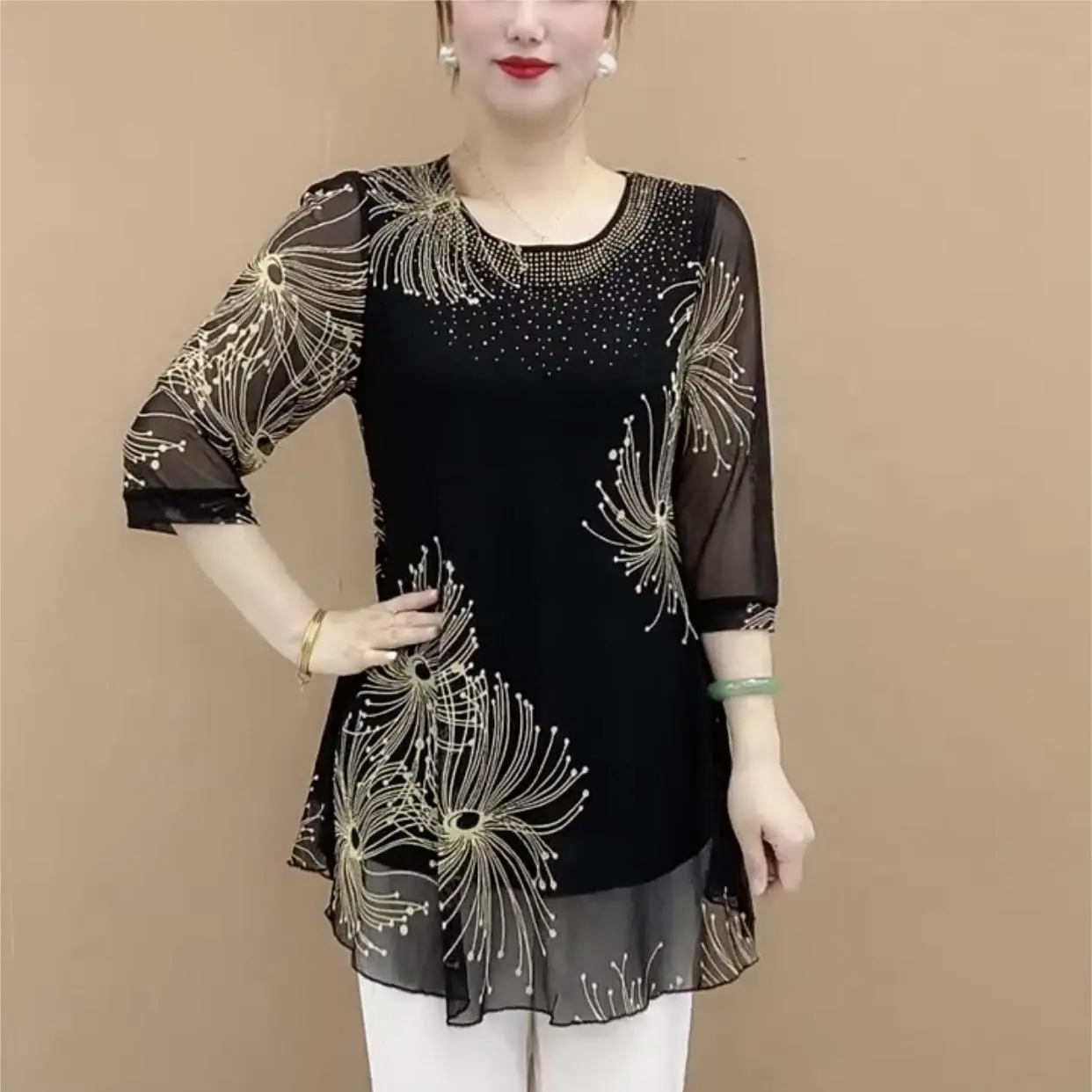 Áo Voan In Họa Tiết, Dành Cho Mẹ, Áo Tay Lửng Thích Hợp Cho Mùa Hè, Quần Áo Phụ Nữ Trung Người Già Và Cao Tuổi, Thời Trang, Dài Trung Bình, Áo Sơ Mi Che Bụng, Áo Sơ Mi Warrix