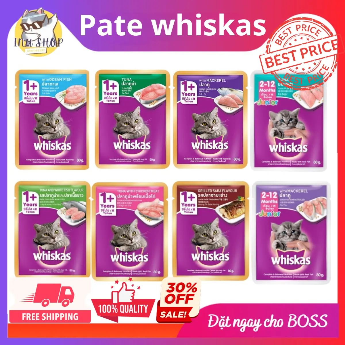 Pate mèo WHISKAS dành cho mèo con và mèo lớn - gói 80g và lon 400G. Thức ăn cho mèo đầy đủ dưỡng chất với 8 hương vị