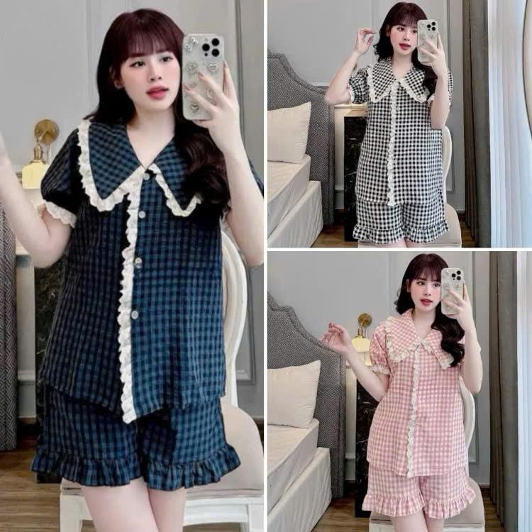 Bộ pijama tay cộc quần đùi phối ren bèo cổ nhọn tiểu thư - Bộ đồ nữ mặc nhà siêu đáng yêu bánh bèo  tay ngắn