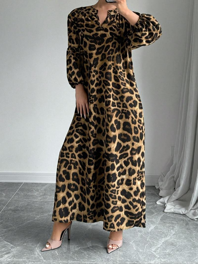 Product Introduction of 【Plus Size】 Leopard Print Notched Neck Dress, Casual Bishop Sleeve Dress for Spring & Fall, Women's Clothes for Daily Wear 3