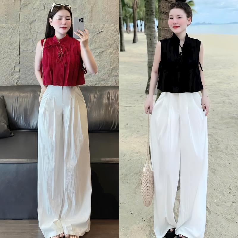  Set đồ nữ áo croptop thiết kế dập ly phối dây thoắt nơ kèm quần dài ống rộng xinh xắn dành cho các nàng diện đi chơi đi tiệc Women 