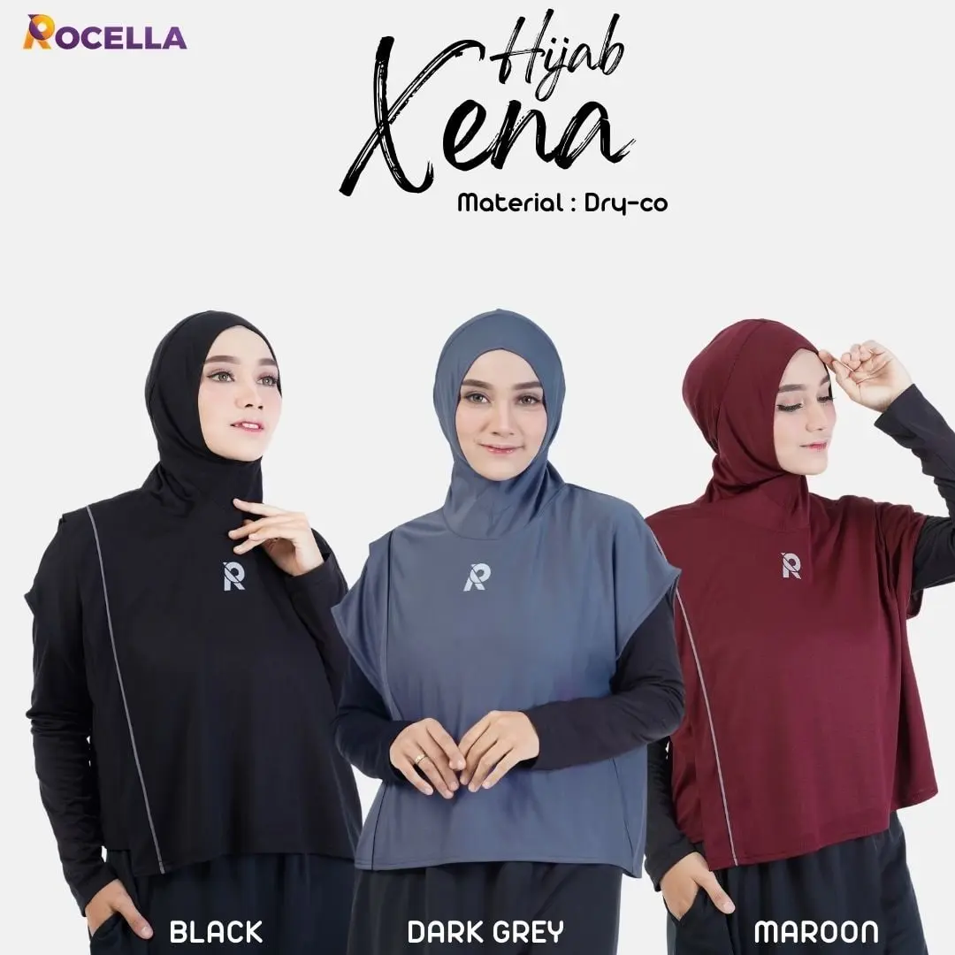 Rocella Hijab Xena Hijab Sport Olahraga Sepeda Renang Jogging Lari Maraton Senam Aerobic Fitnes Rocella Hijab Olahraga Panjang Muslim Celana Baju Hitam Sporty Setelan