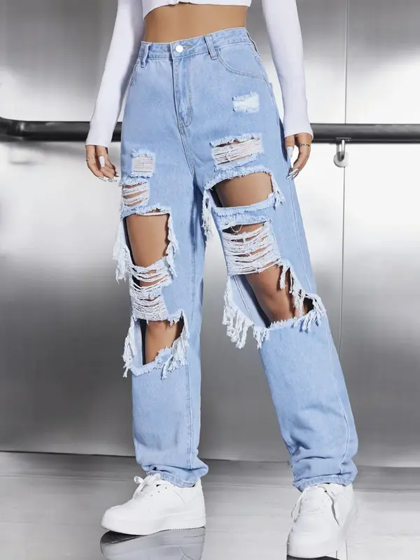 Women's High Waist Ripped Jeans, Fashion Casual Loose Fit Distressed Straight Leg Denim Pants, Destroyed Hole Jeans, Lady Bottoms for Daily Wear Streetwear, Women Jeans, Womenswear, Baggy Jeans 2