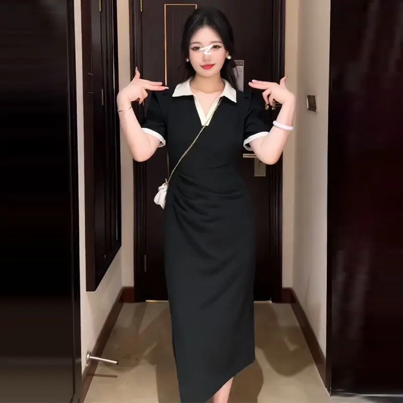 Đầm big size. 40-90kg  Cổ trụ phối màu thanh lịch và sang trọng , đầm dự tiệc Nữ Women