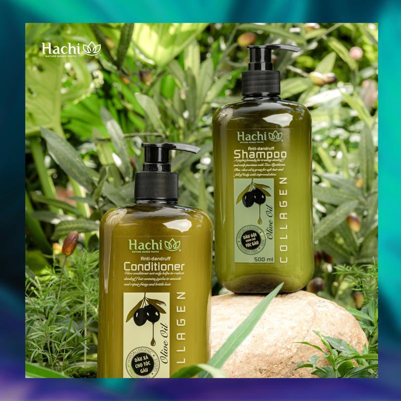 Bộ đôi dầu gội xả olive dành cho tóc gàu Anti-Dandruff Hachi dung tích 500ml & 800ML Nữ Women dầu gội oliu