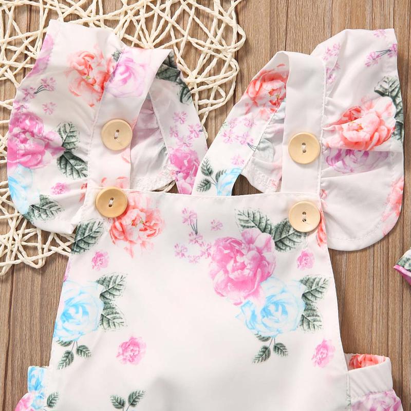 Product Introduction of 2PCS Clothes Set Newborn Baby Girls Flying Sleeve Flower Open Back Romper + Bow Headband Clothes 39