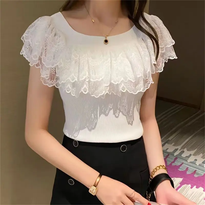 Áo Thun Mùa hè, vải gạc Chắp Vá, ngắn Tay, thiết kế lệch vai, phong cách Gợi Cảm và Thường Ngày Nữ Top 0
