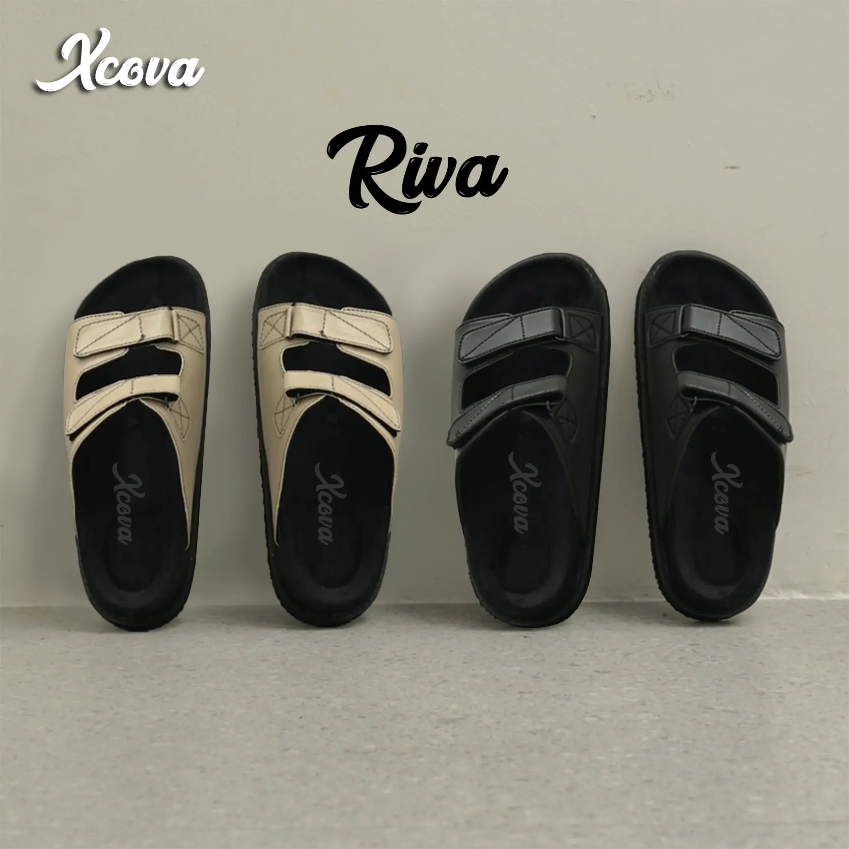 Xcova Reva Platform Sandal Wanita Cewek Perempuan Terbaru Flat Selop Slop Black Hitam Sendal