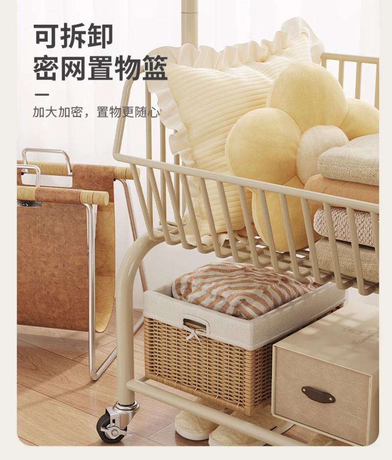 Product Introduction of Cream coat rack with wheels, internet celebrity, home bedroom, bedside clothes hanging, storage, mobile coat rack 11