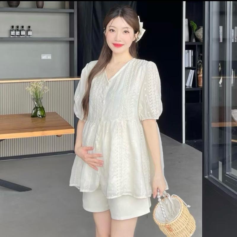 [Ngân Anh]Áo bầu cộc tay chất voan đũi mặc mùa hè mềm mịn mát - Áo bầu hoa nổi dáng suông free size co giãn thoải mái