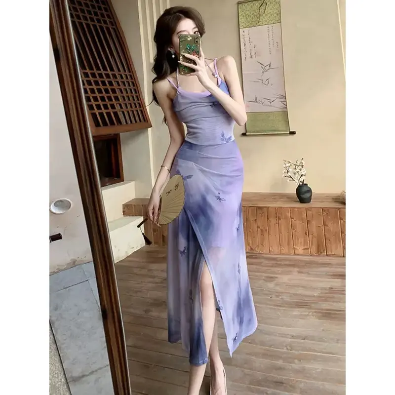 7890 đầm trễ vai dây dáng dài đi biển douyin dự tiệc sang trọng đầm vàng nhạt voan hoa nhí gu nữ thanh lịch 4