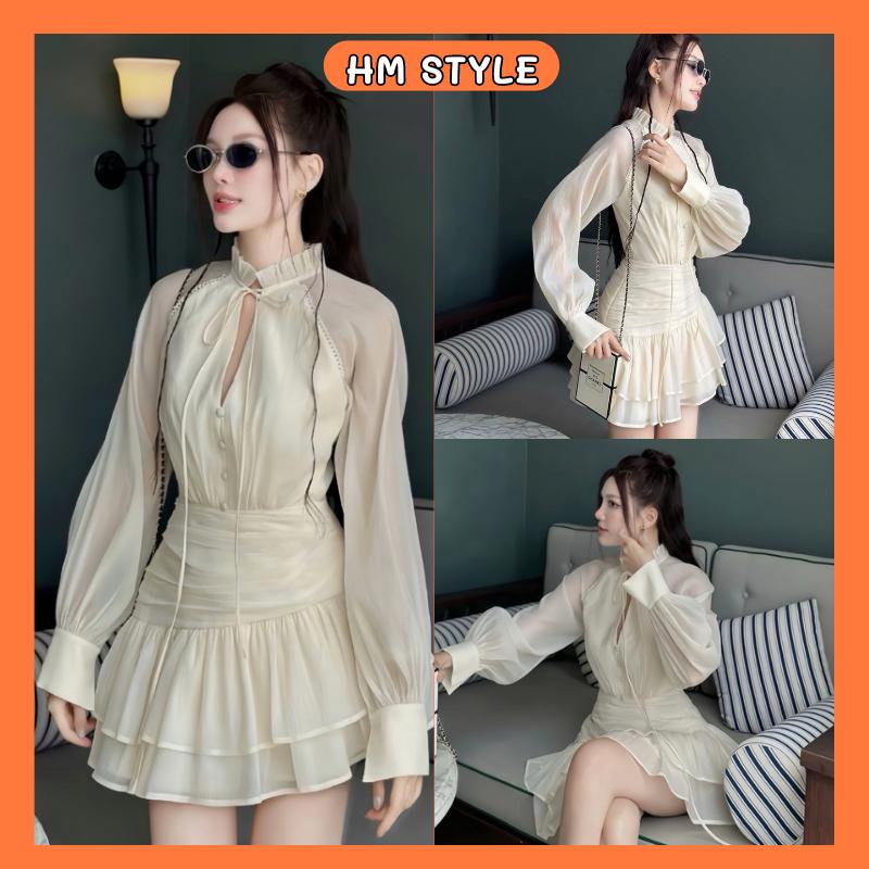  Đầm tiểu thư dài tay cổ bèo cúc bọc phối dây nơ váy đầm nữ dự tiệc kiểu dáng nhún eo xoè tầng chất voan xốp HV150 
