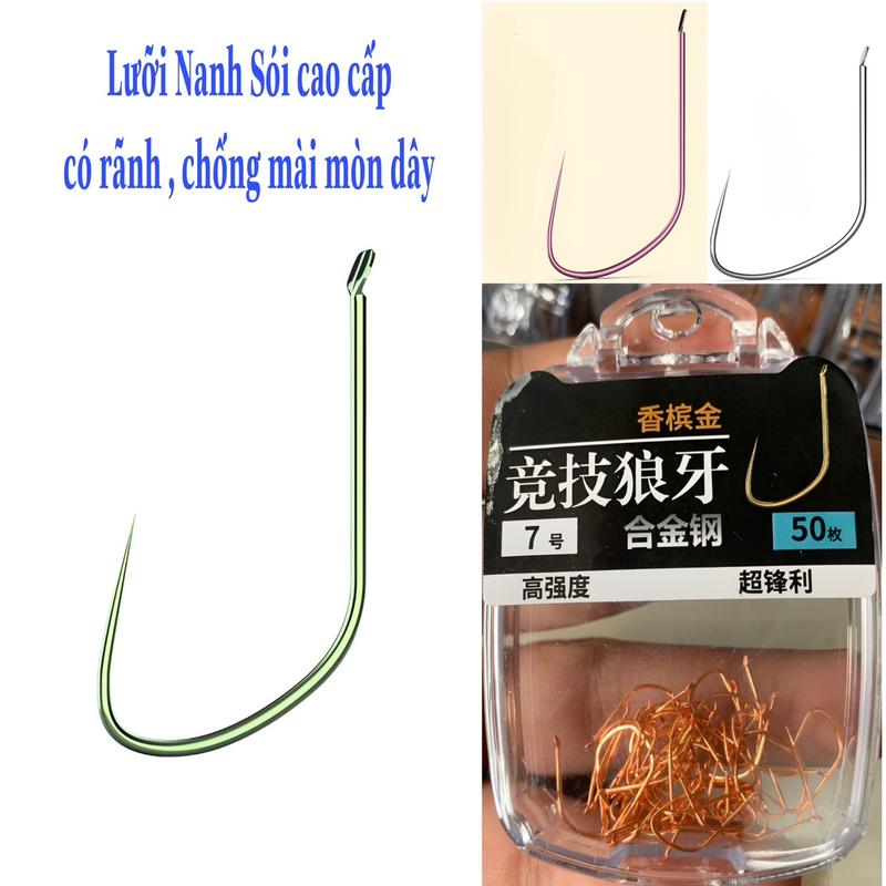 Lưỡi Câu Nanh Sói Hộp 50 lưỡi không ngạnh có màu vàng và xanh Đi Câu Fishing