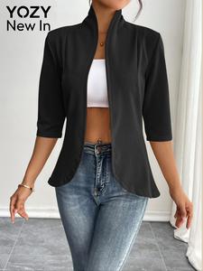 YOZY Women's Solid 3/4 Sleeve Open Front Jacket, Casual Comfy Open Front Jacket for Daily Wear, Ladies Clothes for All Seasons
