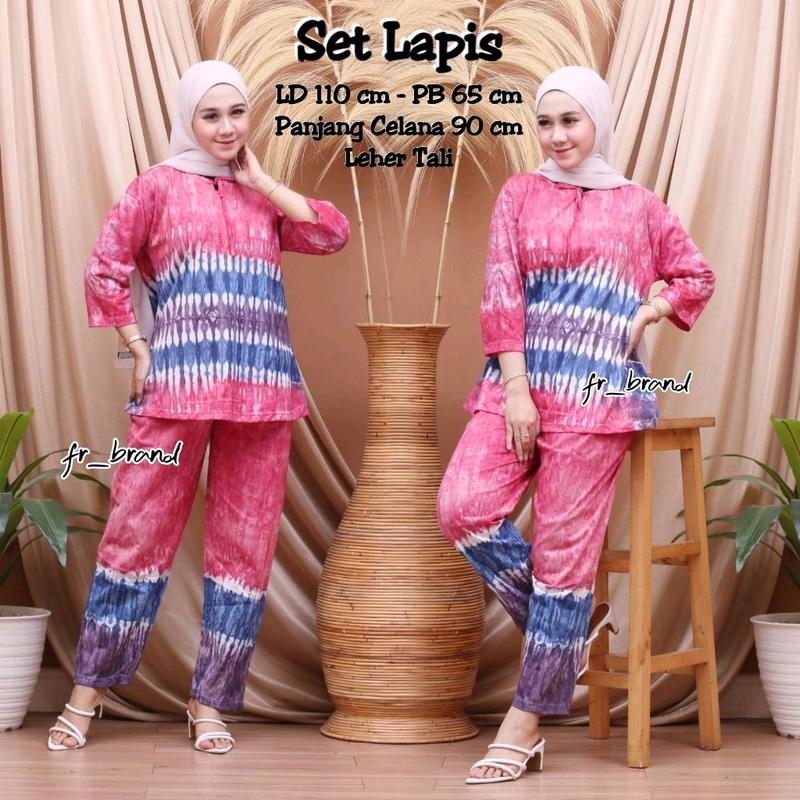 Baju One Set Setelan Wanita Kekinian Tiedye Matt Kaos Katun Lengan 3/4 Leher Tali Nyaman dipakai Celana panjang Motif Batik Dewasa 4