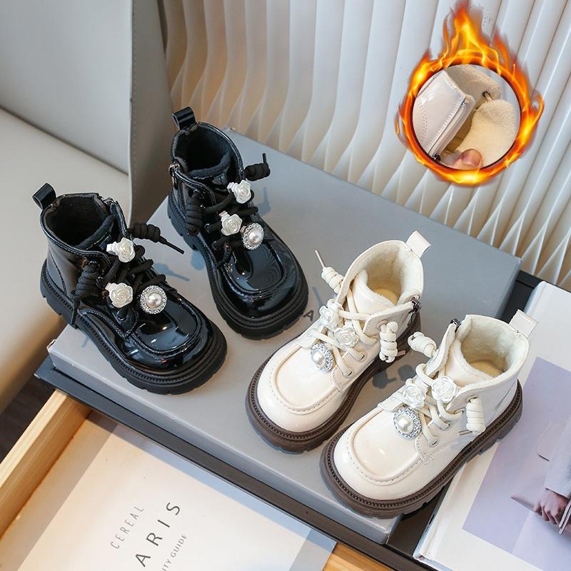 BOT.5 Giày Bốt Bé Gái Cổ Ngắn Đính Ngọc Trai Chống Trượt,Bốt Martin Cổ Ngắn Cho Bé Gái 3 Tuổi Đến 11 Tuổi