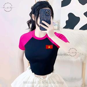 [Size S] Áo Thun Croptop Borip Ôm Body Nữ Form Basic Phối Tay Raglan In Hình Cờ Đỏ Sao Vàng (Hình Thêu), Women Thun Sen Sò Hoa Sen Trắng Kem Tre Dáng Ngắn Cổ Tròn