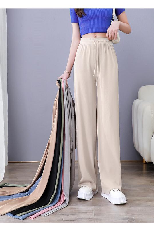 Product Introduction of Ice Silk Wide-Leg Pants Women's 2024 Summer Thin High Waist Drooping Slim Anti-Mosquito Casual Loose Straight Mop Trouser Womenswear Bottom Lingerie 23