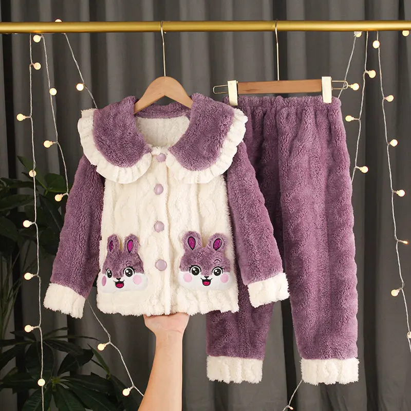 Đồ Ngủ Mùa Đông Cho Trẻ Em, Lông Cừu San Hô, Vừa Và Lớn, Vải Flanen Dày, Phong Cách Công Chúa Dễ Thương, Bộ Đồ Dài Tay, Đồ Mặc Nhà 1
