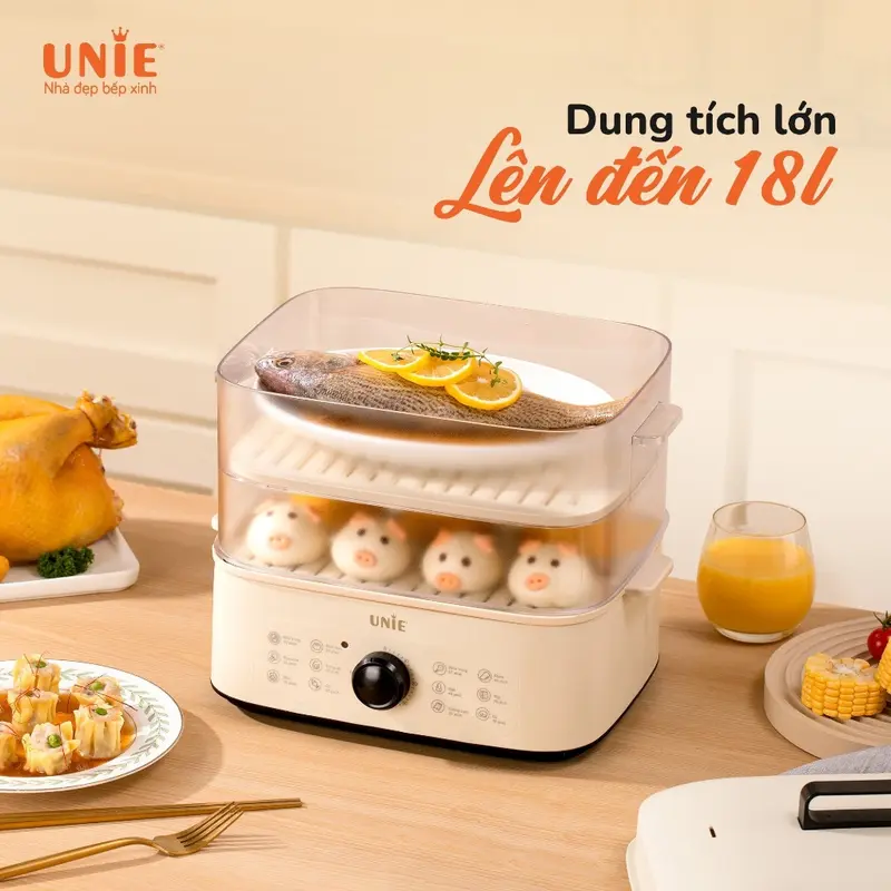 [ƯU ĐÃI CÓ HẠN] Nồi Hấp UNIE Hấp Được Gà Nguyên Con 3 Tầng Dung Tích Lớn 18L, Tháo Rời Dễ Vệ Sinh, 12 Tính Năng Tiện Lợi UE560 3