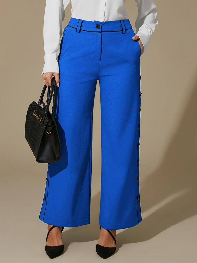 Product Introduction of Women's Colorblock Button Wide Leg Pants, Casual Comfy High Waist Trousers for Daily Wear, Ladies Bottoms for All Seasons 12