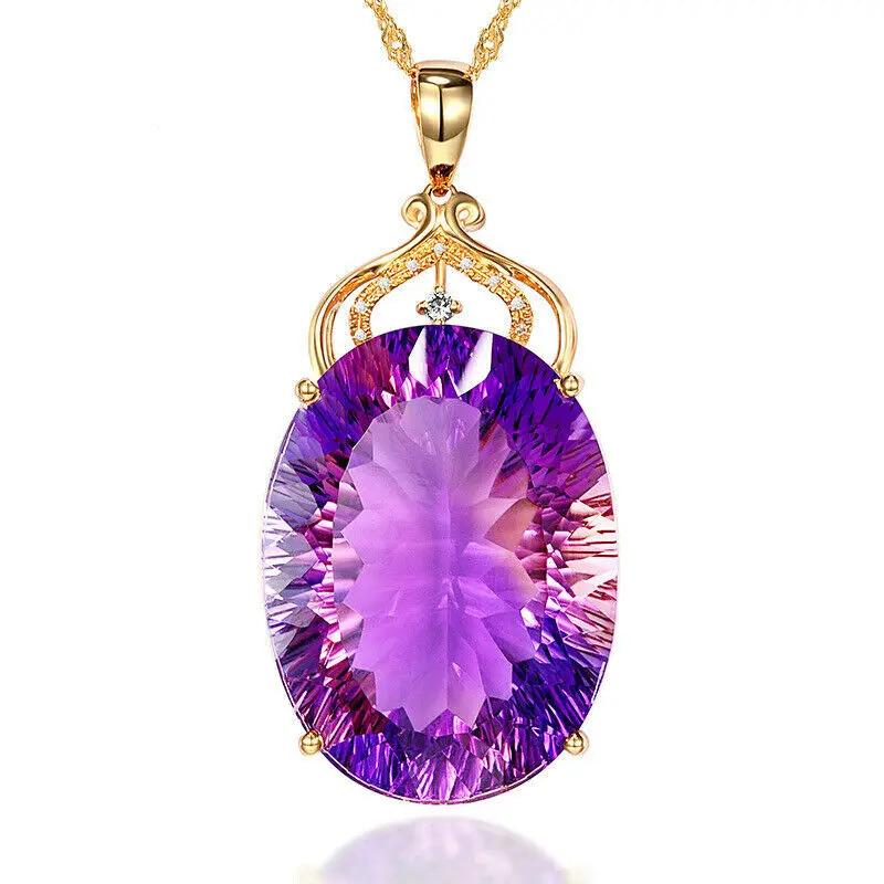Gemstone Charm18k Gold Plated 36CT Amethyst Color Oval Crystal Pendant Necklace Lady Wedding Jewelry 3