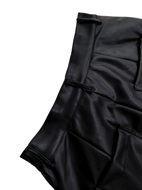Women's Solid Pocket Zipper Flare Leg Pu Leather Pants, Fashion Casual Button Trousers for Daily Outdoor Wear, Women's Bottoms for Fall & Winter 3