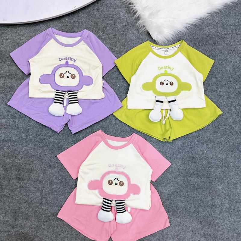 8-26   KG , BỘ QUẦN + ÁO COTTON HÌNH THÊU CHÂN LỒI 3 Màu Cho Bé Vải Cotton