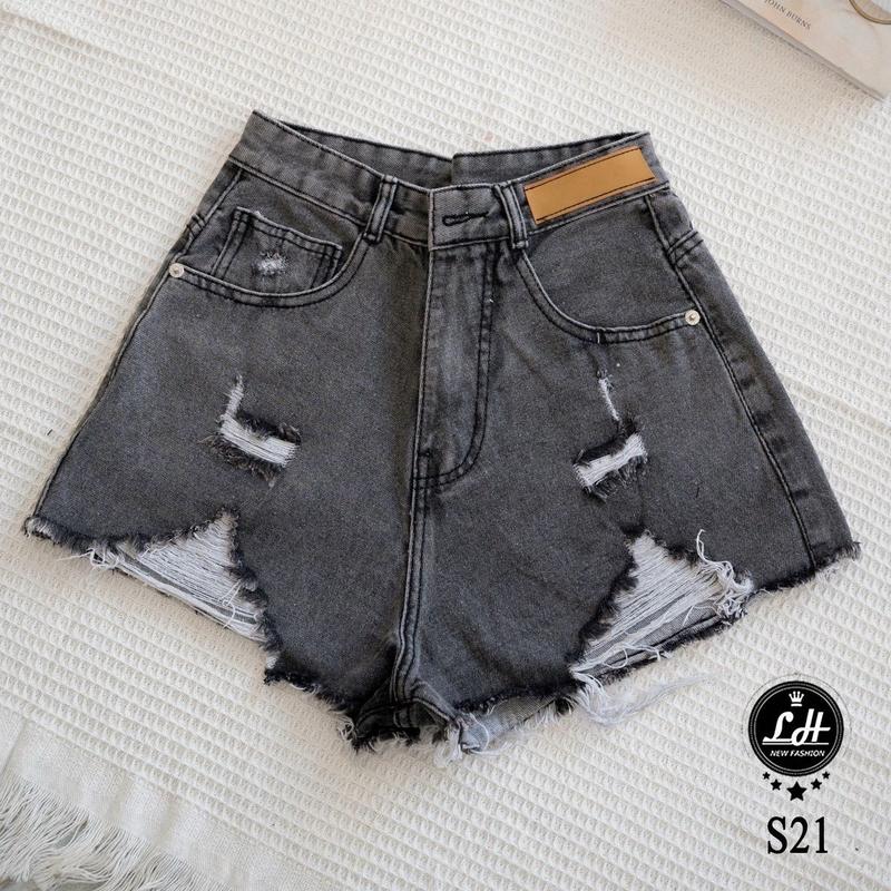 Quần short jean nữ màu xám cạp cao có tag rách te tua Lê Huy Fashion MS S21