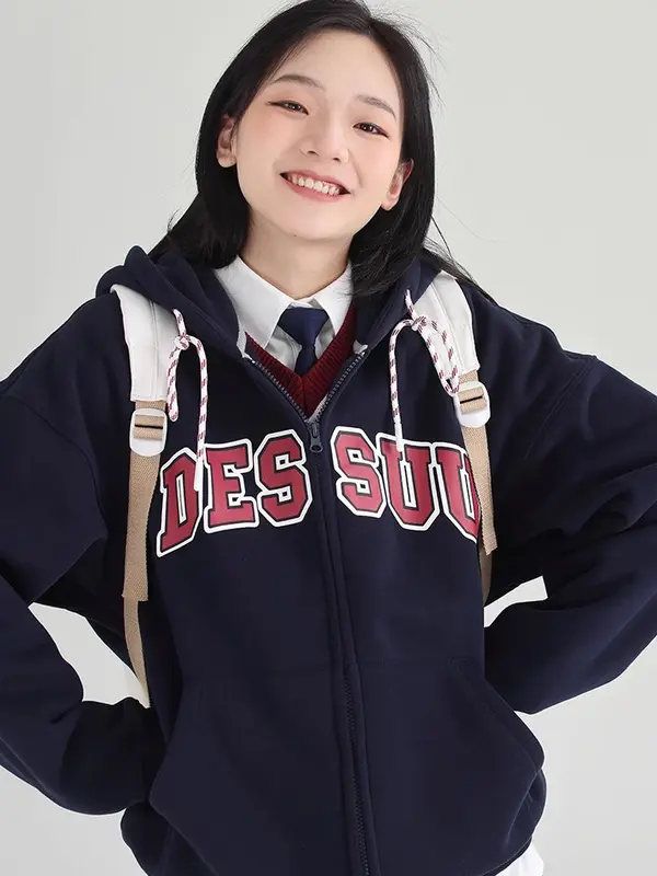 Áo Hoodie Zip Dessuu phong cách đại học họa tiết chữ in hoodie  đỏ hoodie  xanh  đen (lông) zipper zipper 6