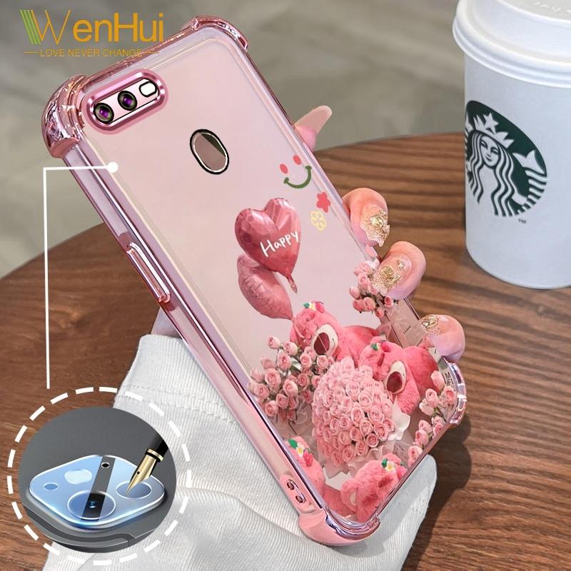 Ốp Điện Thoại Cho OPPO A5S A12 A7 F9, Màng Bảo Vệ Ống Kính Điện, Màu Hồng Hoa Hồng Hoạt Hình, Thiết Kế Gấu Nhỏ Dễ Thương, ốp Mềm TPU Silicon, Túi Khí Bốn Góc, Chống Sốc, Số 48170, WenHui