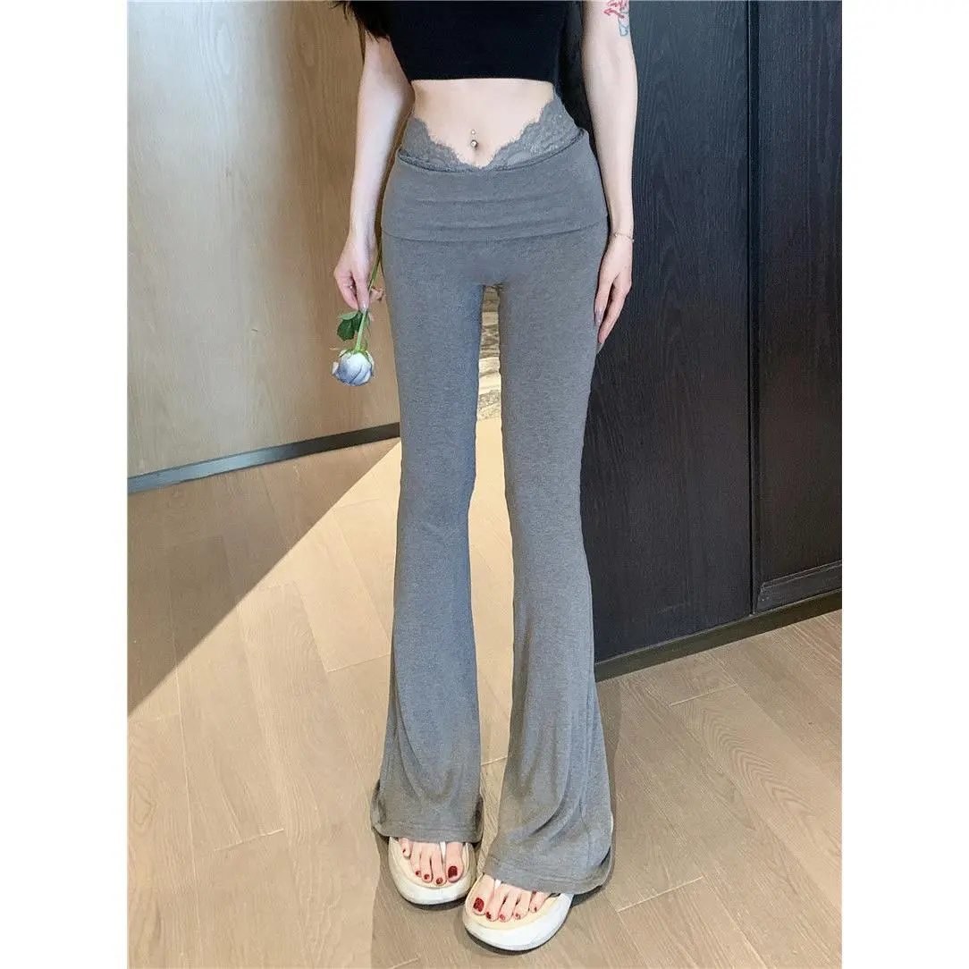 Quần Ống Loe, Cạp Cao, Dáng Ôm, Chắp Vá Ren, Kiểu Xếp Nếp, Quần Đi Làm Thường Ngày，trend quần khoe eo，quần ống rộng xinh
