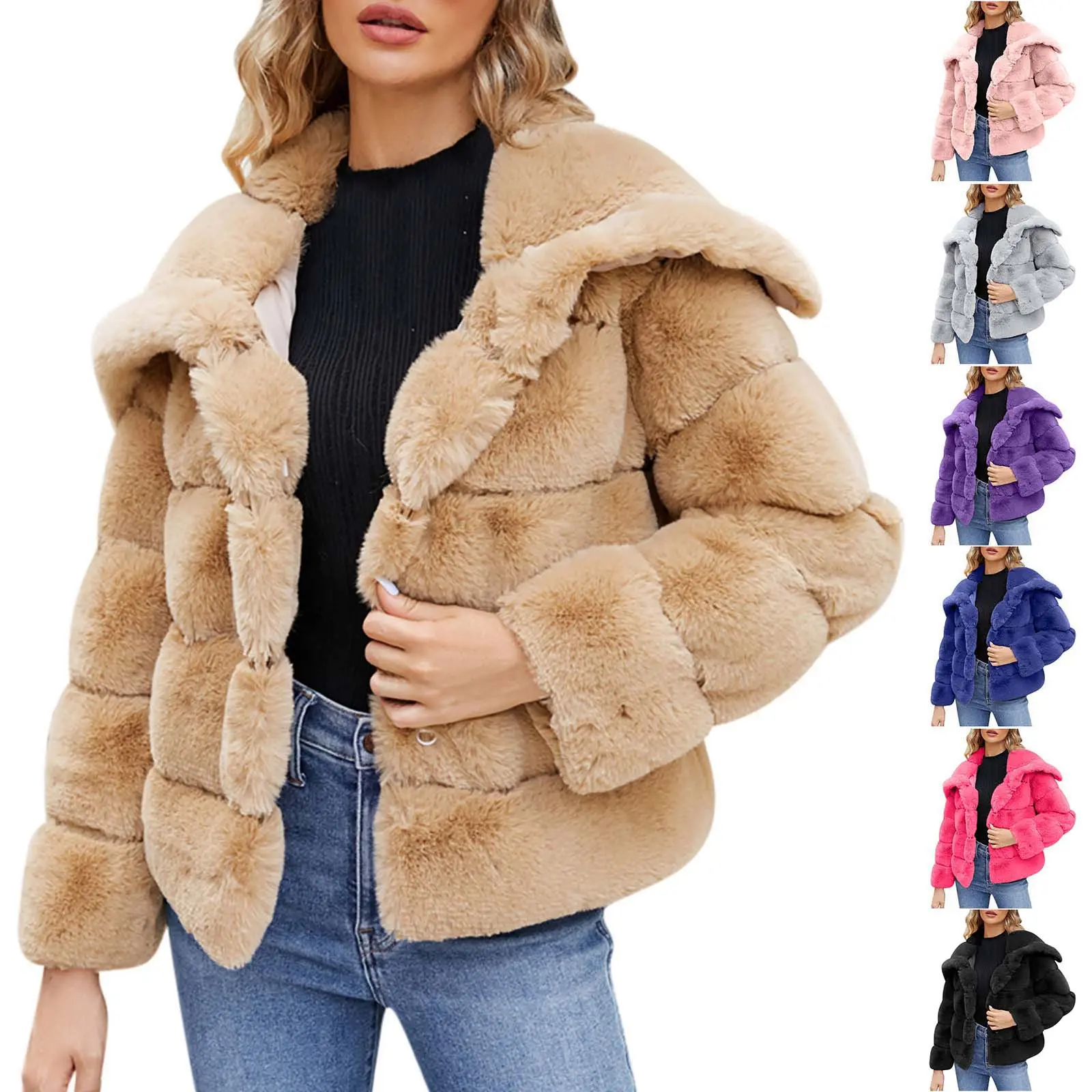 Womens Ladies Warm Faux Furry Jacket Winter Solid Turn-Down Collar Outerwear