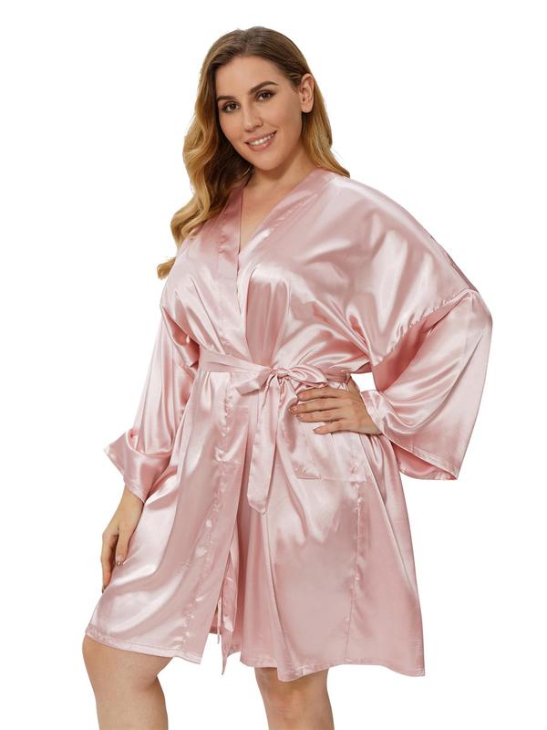 Plus Size Solid Belted Wrap Drop Shoulder Satin Robe, Casual Long Sleeve V Neck Dressing Gown for Daily Home Wear, Women's Sleepwear for All Seasons 8