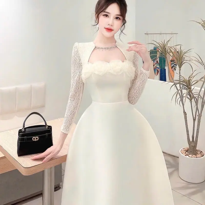 Váy tapta tay ren dài cổ đá cuộn hoa 2