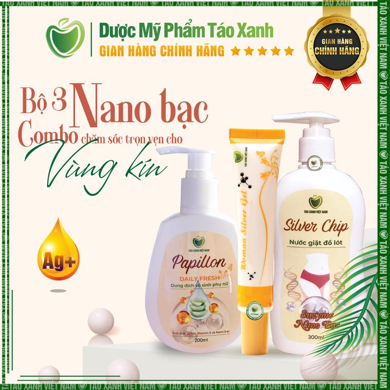 Bộ 3 Gel nano bạc phụ khoa, Dung dịch vệ sinh Papillon, Nước giặt đồ lót Silver Chip Táo Xanh Việt Nam 0