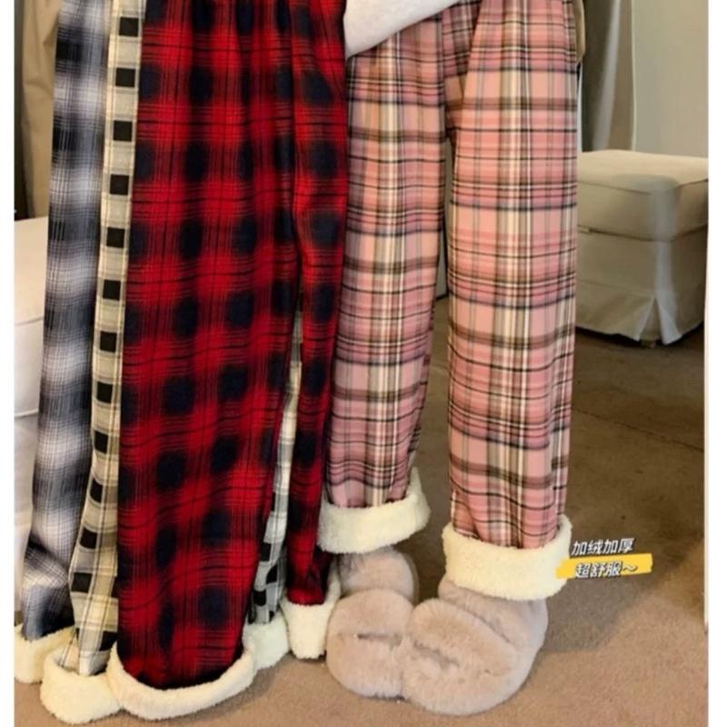 [ LOẠI ĐẸP ] Quần Kẻ Caro Ống Rộng Lót Lông Dày Dặn Mềm Mịn Dáng Unisex Ấm Áp  Pants Ong Women quần