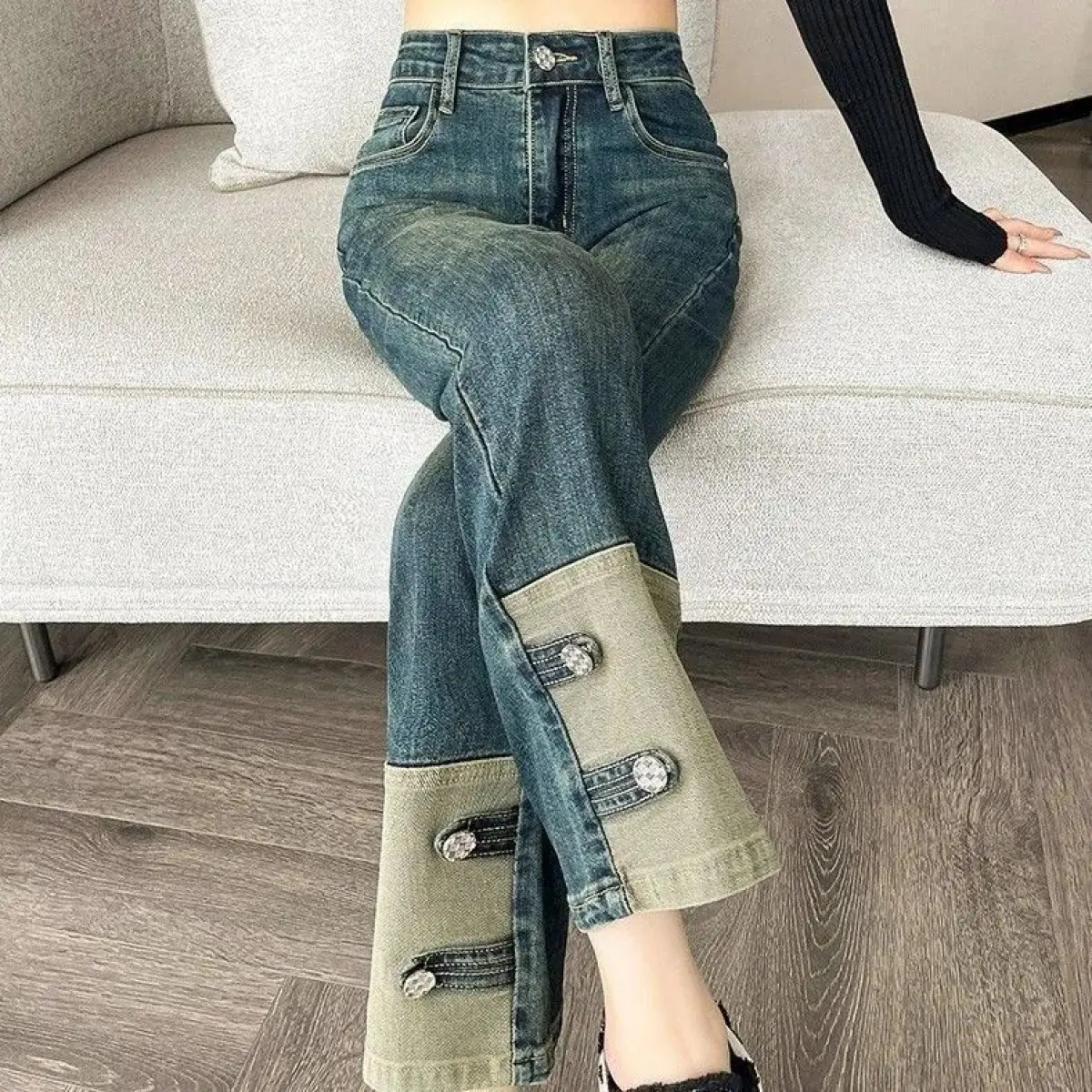 (in Stock) Fashion Stitching Curling Straight Jeans Women's Summer Small High Waist Look Taller Slimming Retro Ankle-Length Cigarette Pants Lingerie Denim