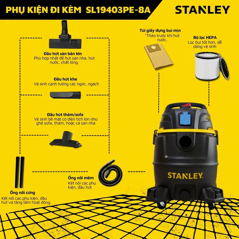 Máy hút bụi 4 chức năng STANLEY lực mạnh 4000W,  bình nhựa 30 lít, dùng hút bụi ướt và khô, chức năng thổi và gắn thêm máy dùng điện 2