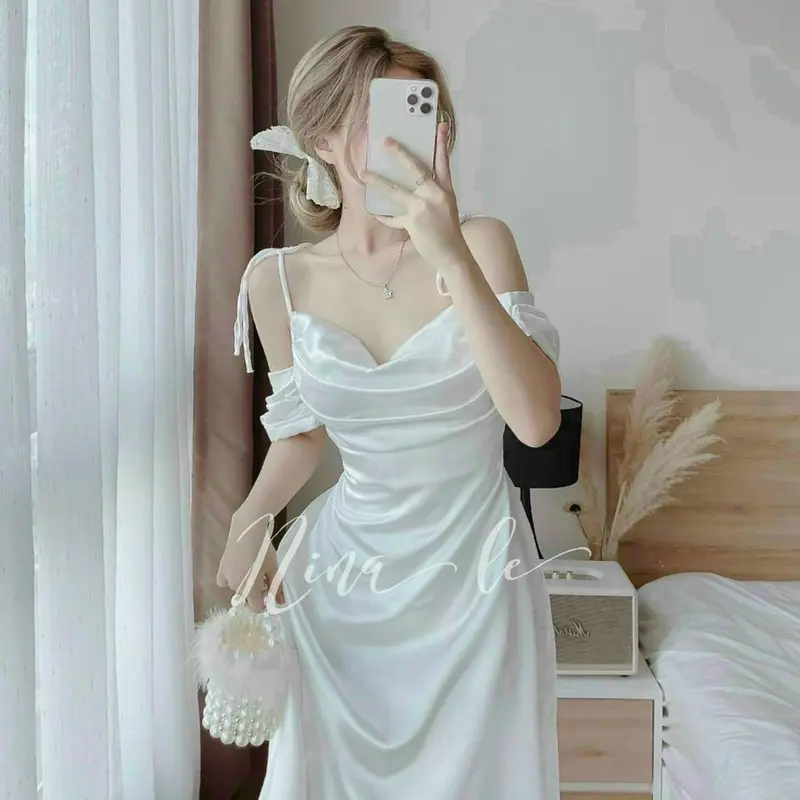 Đầm thời trang nữ mặc đi chơi chất phi lụa cổ dây khoét tay ngắn áo tạo giún váy đầm dài maxi phong cách trẻ trung 5