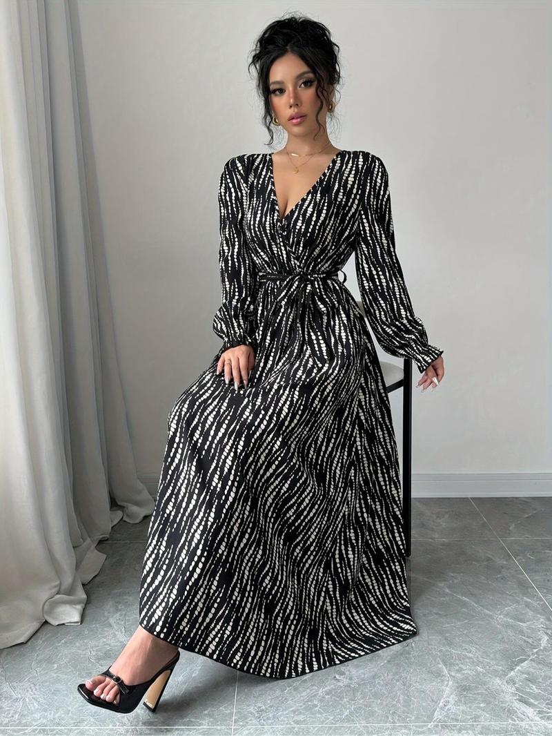 Product Introduction of Women's Polka Dot Print V Neck Belted Dress, Elegant Long Sleeve Dress for Spring & Fall, Women's Clothing for Daily Wear 3